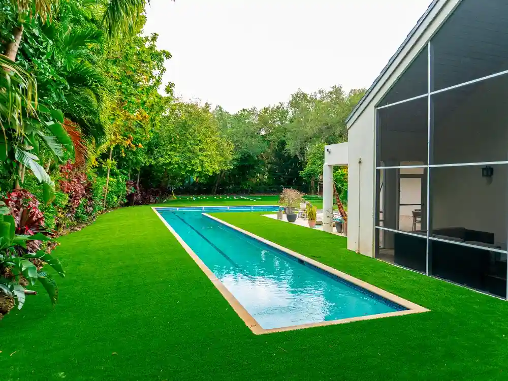 backyard and pool with artificial grass portfolio image